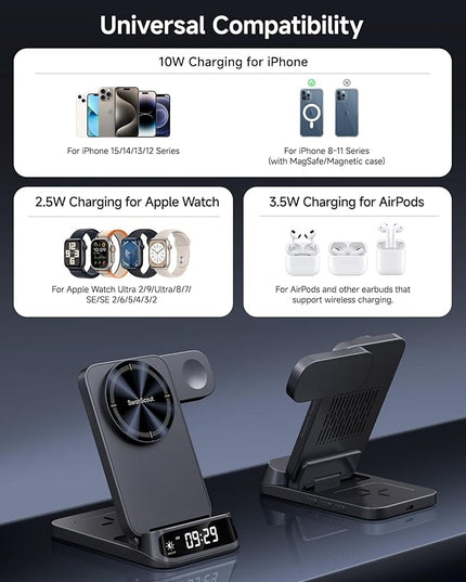 Wireless Charger Stand Compatible with MagSafe, SwanScout 708M, Foldable 3 in 1 Magnetic Wireless Charging Station for iPhone Air/17/16/15 Series, Travel Charger for Apple Watch, AirPods (No Adapter)