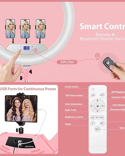 22" Large Ring Light with Stand,Foldable LED Big Ring Light Tripod for iPhone Phone Ipad, 75" Tall Tripod Touch Screen,Wireless Remote for Live Stream,YouTube,TikTok Video Shooting Pink