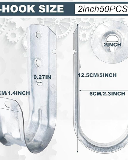 COCODE 50 Pack Wall Mount 2’’ J Hooks with Retainer Clip Galvanized Steel Cable Hangers Heavy Duty Utility Hooks Cable Management Support for Structured Cabling
