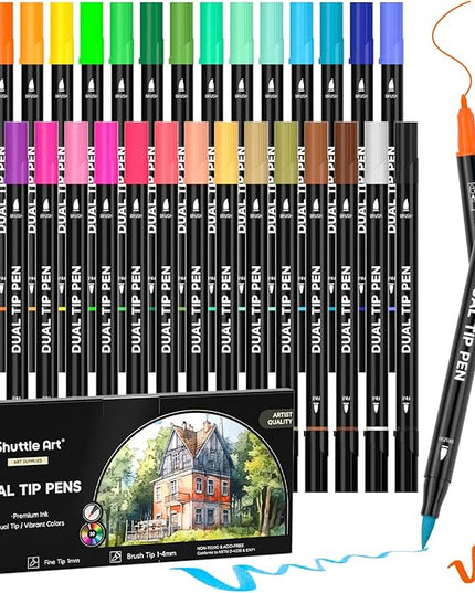 Shuttle Art Dual Tip Brush Marker Pens, 30 Colors Dual Tip Calligraphy Pens Fine and Brush Tip Markers Set, Water-based Ink Perfect for Kids Adult Artist Calligraphy Journal Doodling Writing