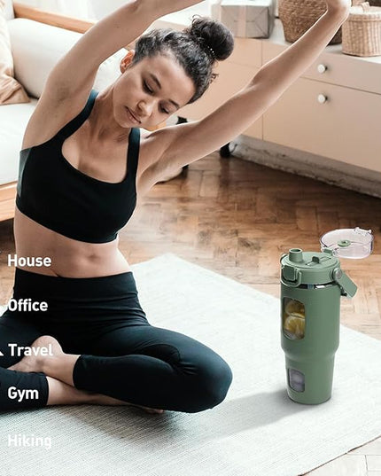 BLUEGO 32oz Glass Tumbler with Lid and Handle, Iced Coffee Cup with Straws, Glass Water Bottle with Silicone Sleeve and Volume, Marker Glass Cup with Time Marking, BPA Free, Olive