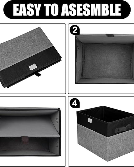 Large 22 Quart Linen Fabric Foldable Storage Bin Cube Organizer Basket with Flip-Top Lid & Handles, Clothes Blanket Box for Home, Office, Closet, Black & Gray, 4 Pack 14.6 x 9.5 x 9.5