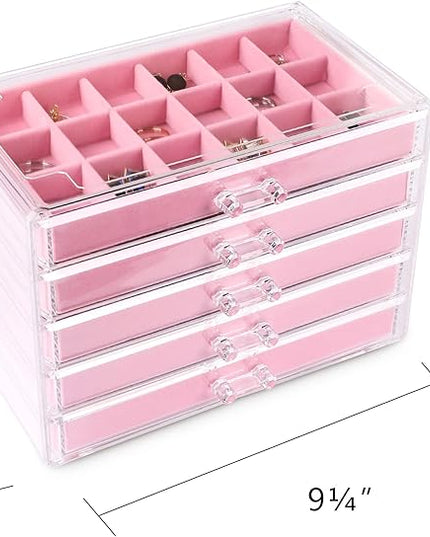 Frebeauty Acrylic Jewelry Organizer Earring Organizer Box with 5 Drawers Earring Holder Organizer with Velvet Trays Clear Jewelry Box for Women Earring Display for Rings StudsPink