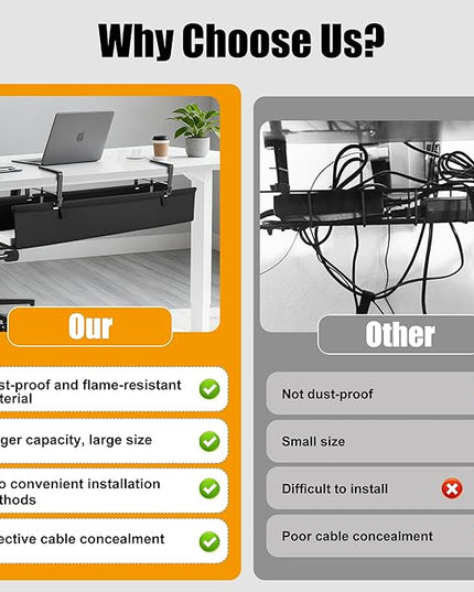 Oxford Cloth Under Desk Cable Management Tray,No-Drill 36" Desk Cable Management Organizer with Clip/Screw Installation,Fabric Cable Management for Home,Office & Gaming Computer(Black)