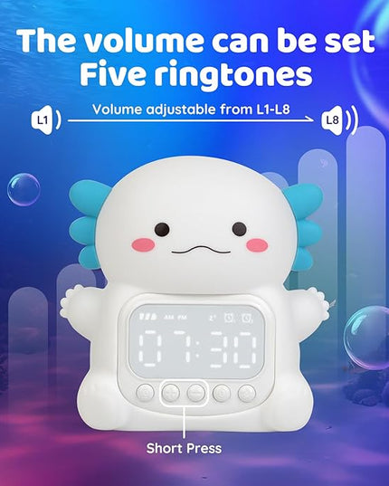 Axolotl Alarm Clock with Night Light for Kids, Rechargeable Silicone Lamp Time to Wake Clock Cute Animal Tabletop Lamp, Perfect Sleep Companion for Boys Girls, White