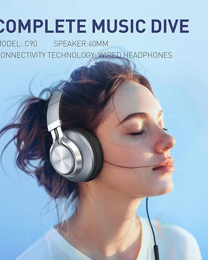 AILIHEN C90 Wired Headphones with Microphone Volume Control, Noise Reduction Foldable Comfortable Over Ear Headphones Wired Durable Nylon 3.5mm Jacket for Tablet/Chromebook/Computer/Adult/Teens(Grey)