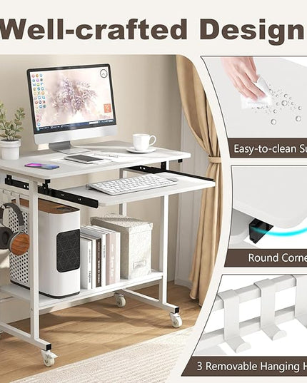Tangkula Rolling Computer Desk Cart with Keyboard Tray, Mobile Portable Laptop PC Desk with CPU Stand & 3 Hooks for Sofa & Bed, Industrial Small Desk on Wheels for Small Spaces (White)