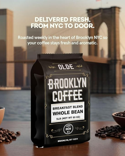 BROOKLYN COFFEE Whole Bean, Breakfast Blend Light Medium Roast (5lb) Delicate, Smooth, Low Acidity - Fresh Bulk Coffee Beans Roasted Weekly in NYC