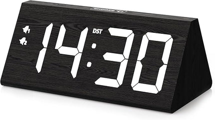 fomobest Wooden Digital Alarm Clock with Dual USB Charging Ports, DST, Dimmable, Snooze, Modern Large Time Display LED Clock for Kids Bedrooms, Living Room, Desk, Table, Bedside, Nightstand (Black)