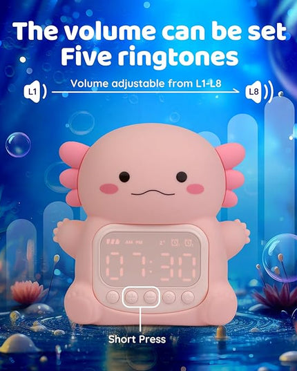 Axolotl Alarm Clock with Night Light for Kids, Rechargeable Silicone Lamp Time to Wake Clock，Cute Animal Tabletop Lamp, Perfect Sleep Companion for Boys Girls