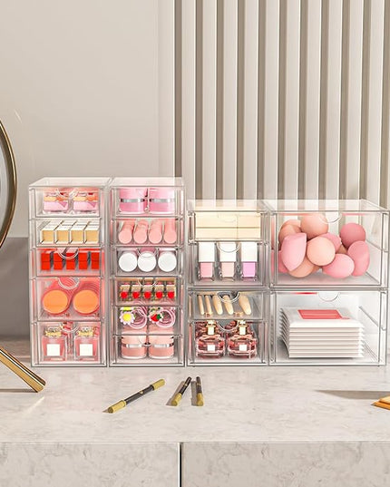 ARSTPEOE Makeup Acrylic Organizer with 17 Drawers(4 Sets), Desk Organizers and Accessories, Clear Makeup Organizer, Dustproof Storage Drawers for Office Art Craft Supplies