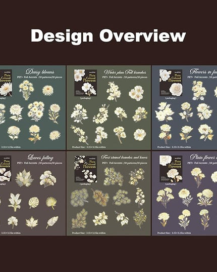 AuriicLeaf Floral PET Stickers – 60 Foil-Stamped Self-Adhesive Flower Designs Waterproof Transparent Stickers for Scrapbooking Journaling DIY Crafts and Decoration