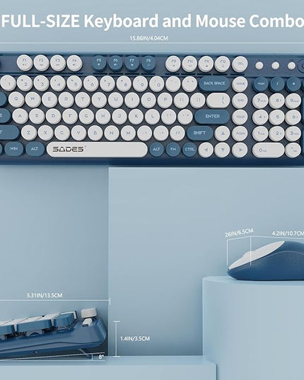 Wireless Keyboard and Mouse,Cute Retro Typewriter Computer Keyboard and Mouse Sets,Full SIze 2.4G Cordless Colorful Round Keycaps Keyboard with Silent Mouse for PC Window Laptop Home Office-White Blue