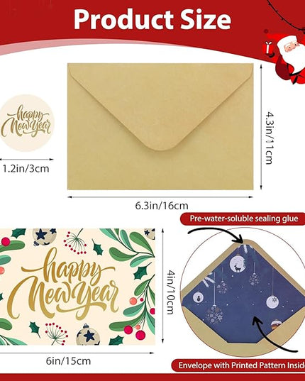 Thboxes New Year Cards with Envelopes, 36 Pack 4x6in Happy New Year Greeting Cards, Gold Foil Happy Holiday Card with Stickers, Christmas Card, 6 Assorted Design