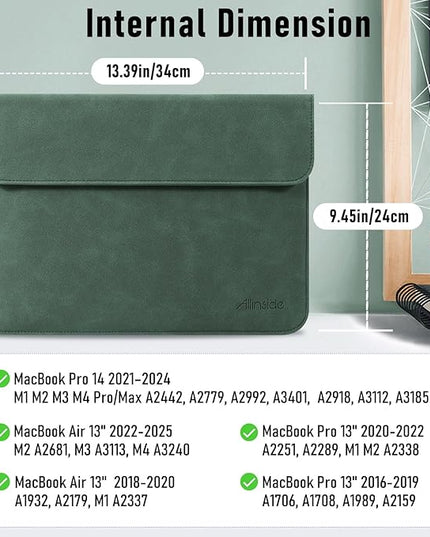 Allinside 13 Inch Laptop Sleeve Case for MacBook Air 13 2018-2025/MacBook Pro 13 2016-2022/Macbook Pro 14 2021-2024, Waterproof Matte PU Leather Horizontal Envelope Protective Case Cover, Dark Green
