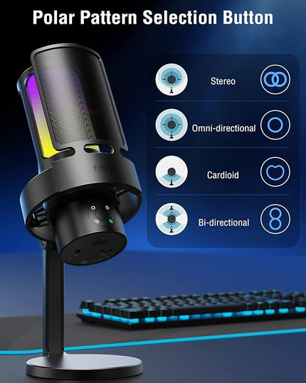 FIFINE Gaming USB Microphone, PC Computer Mic with 4 Polar Patterns for Podcast Streaming Recording YouTube, RGB Condenser Desktop Mic for Windows, Mac, with Headphone Jack-AmpliGame A8 Plus