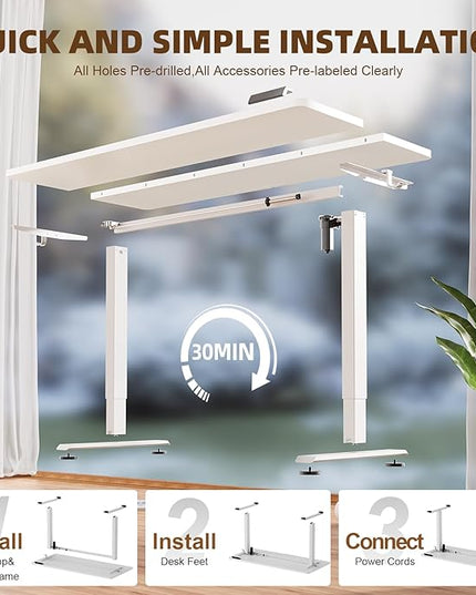 Veken 55 Inch Large Electric Standing Desk,Sit to Stand Up, Heights Adjustable, Work Home Office Computer Table for Study, Walking Pad, Writing, and Games, Wooden Desktop Desks, White