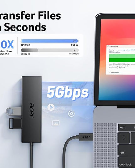 Acer USB C Hub 4 Ports, Multiple USB 3.0 Hub, USBC Splitter for Laptop with TypeC Power Port, Extender for Type C Port Laptop, PC, Desktop and More (USB-C, 2ft)