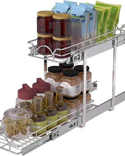 OCG 2 Tier Pull Out Cabinet Organizer (9.5" W x 21" D), Pull Out Drawers for Kitchen Cabinets, Pull Out Shelves for Base Cabinet Organization in Kitchen Bathroom Pantry, Chrome Finish