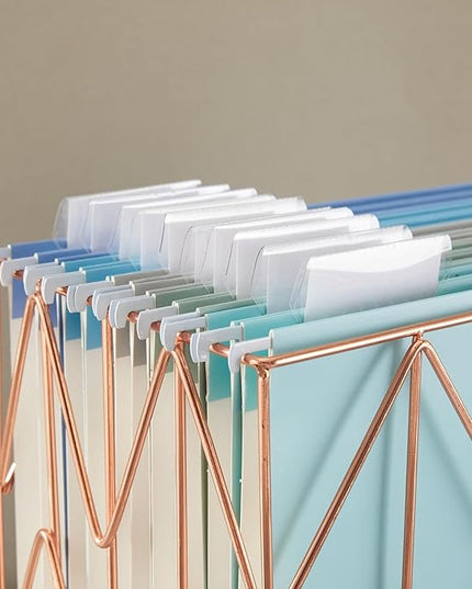 Beramon Hanging File Folder Kit Includes 1 Rose Gold Hanging File Desk Organizer and 20 Pack Hanging File Folders Letter Size with 1/5 Cut Tabs Design for School Office Home Supplies, Blue Design