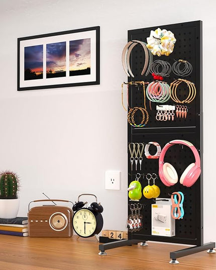 Metal Pegboard Shelf - Peg Board Display Wall Mount with 24 Hooks, 12.5x32.8 In Portable Garage Desktop Pegboard Organizer Retail Display Rack For Jewelry Hair Accessories, Mobile Phone Shop/Black