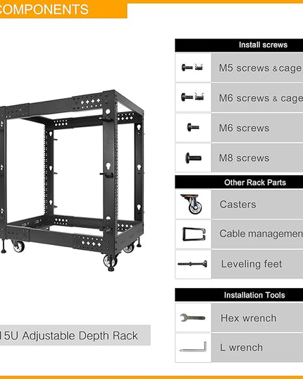 RIVECO 15U Server Rack Adjustable Depth Network 4 Post Cabinet Open Frame with Leveling Feet & Wheels Fully Rivets 1400 LBS