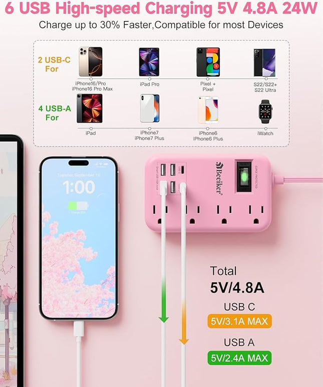 6 USB(2 USB C) Pink Extension Cord- 5Ft Travel Power Strip with 24W USB Charging Station and 4 Outlets, Pink Desk Accessories with Surge Protector for Cute Kawaii Gifts College Dorm Desk