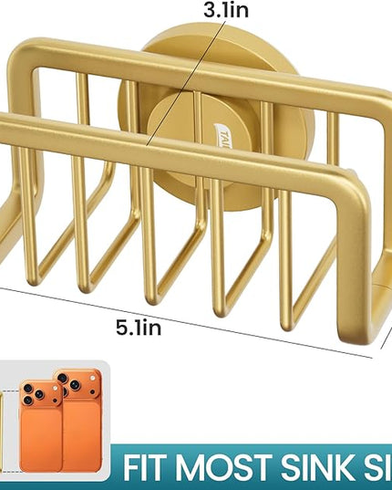 TAILI Sponge Holder for Kitchen Sink with Strong Suction Cup, Rustproof Aluminum Sink Caddy for Sponges, Removable Sponge Holder, Dish Brush for Scraper - Gold