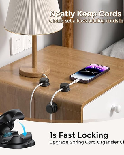 AhaStyle Spring Cable Organizer [1s Lock] 6 Pack Cord Cable Holders Clips Strong Adhesive Cable Cord Keeper [Smooth Adjustable] Hide Wire Cord Organizer for Nightstand Kitchen Car Office (Black)