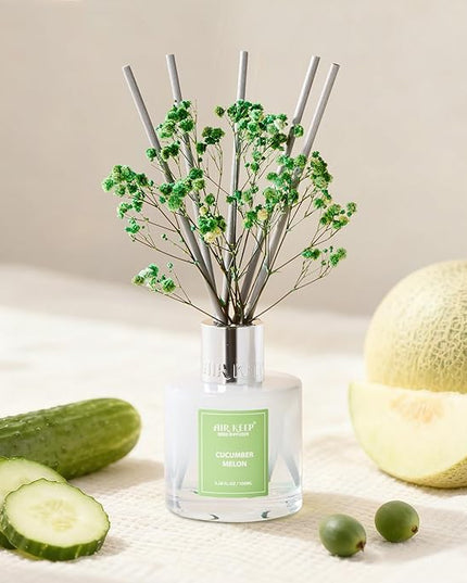 Airkeep Reed Diffuser Set,3.38 fl oz (100 ml) - Cucumber Melon Oil Diffusers with 8 Reed Sticks, Home Fragrance Reed Diffuser for Bathroom Shelf Decor
