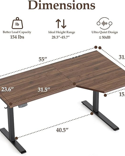 Klicelor 55 Inch L Shaped Standing Desk, Adjustable Height Corner Desk for Home Office Workstation, Sit Stand Desk with Two-Piece Desktop, Dark Walnut