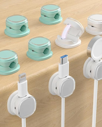 Magnetic Cable Clips, Adjustable Cord Holder Management, Adhesive Wire Keeper Organizer for Home Office Desk Phone PC Car Wall Desktop Nightstand Appliance (9-PCS White & Cyan)