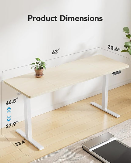 HUANUO 63 x 24 inch Electric Standing Desk, Height Adjustable Table with Headphone Hooks & Cable Manager, Sit to Stand up Desk for Home Office, Natural