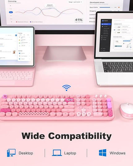 MOFII Wireless Keyboard and Mouse Combo, Full Size 2.4G Plug and Play Typewriter Retro Round Computer Keyboard and Mouse Set for Windows, Computer, Desktop, PC, Notebook - (Pink Colorful)