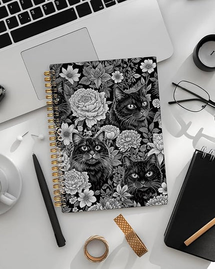 Cat Notebook Journal, Vintage Black White Floral Cats Spiral Notebook for School Supplies, Cat Lover Gifts for Women Men, Black Cat Gifts for Girls 5.5x8.3 Inch