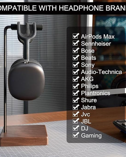 GEVO Headphone Stand Headset Holder - Headset Metal Mount Rack for Desk with Walnut Wooden Square Base for Gaming, AirPod Max, Bose, Sony, Razer, Jabra, JBL