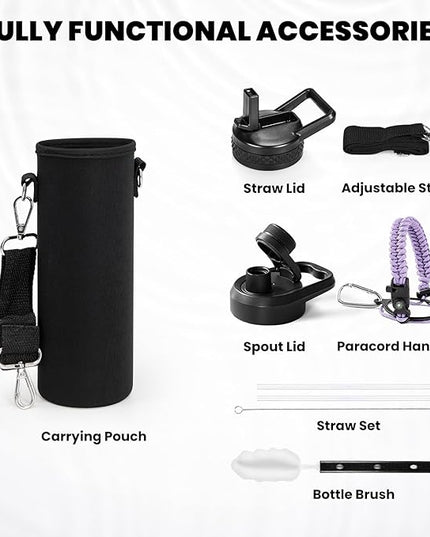 Insulated Water Bottle 24oz, Triple Wall Vacuum Stainless Steel (Cold for 48 Hrs, Hot for 24Hrs), Leak Proof & Non-BPA, 24oz Hydro Water Flask with Paracord Handle & Straw Spout Lids