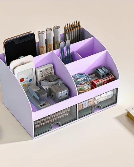 Desk Organizer with 6 Compartments and 2 Drawers, Plastic Makeup Organizer, Pen Holder for Desktop Storage, Desk Organization for School, Home, Office Supplies (Purple)