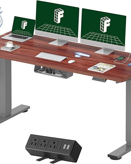 FLEXISPOT EN2 Whole-Piece Standing Desk with Clamp Power Strip, 60 x 24 Electric Stand Up Height Adjustable Desk with Cable Management (Gray Frame + 60" Mahogany Top, 2 Packages)