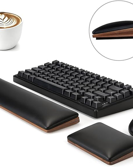 ASFSKY Keyboard and Mouse Wrist Rest Set – Ergonomic Wooden Wrist Support Pad with PU Leather & Memory Foam, Anti-Slip Rubber Base Wrist Cushion for Gaming, Office & Typing Pain Relief