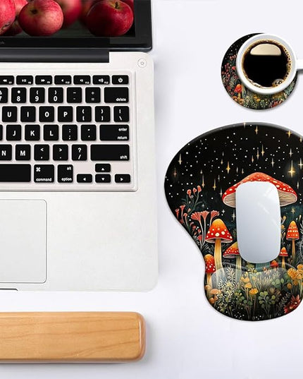 Ergonomic Mouse Pad with Wrist Support,Mouse Pad with Wrist Rest and Coaster Set,Office Supplies Non-Slip Mouse Pads for Desk, Non-Slip Comfortable,Mushroom Star