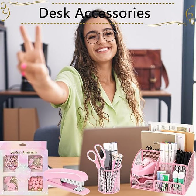 Office Supplies,Desk Accessories,Stapler and Tape Dispenser Set,1000 Staples,Staple Remover,Pen Holder,Folding Phone Holder,Journal Notebook,Ballpoint Pen,Scissor,Ruler,Clear Tape,Sticky Notes,Ect