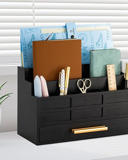 dreampossible Black Wood Desk Organizer and Accessories with Drawer, Bill Mail Organizer and File Mail Holder for Office Supplies, Rustic Desk Accessories & Workspace Organizers for Desk Organization