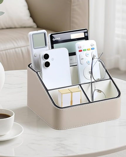MEIBOOCH Remote Control Holder, PU Leather Small Desk Organizer with 4 Compartments, Nightstand Organizer Desk Caddy for Remote, Notepad, Phone, Glasses, and Accessories (Beige)
