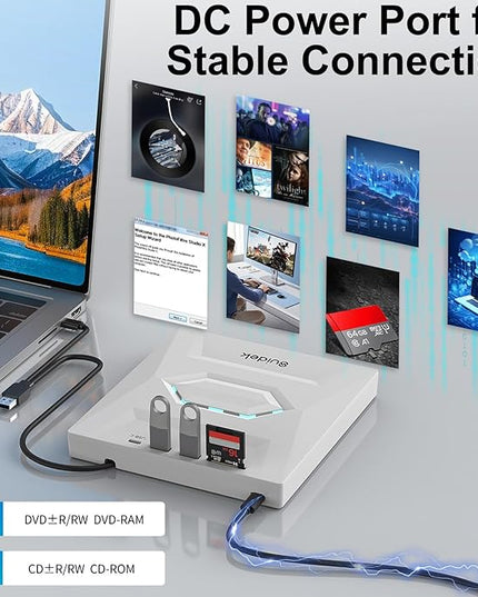 External CD DVD Drive, Ultra Slim Portable CD Player for Laptop CD DVD +/-RW Burner with SD Card Reader USB 3.0 Type C Hub Compatible with Laptop PC Windows Linux