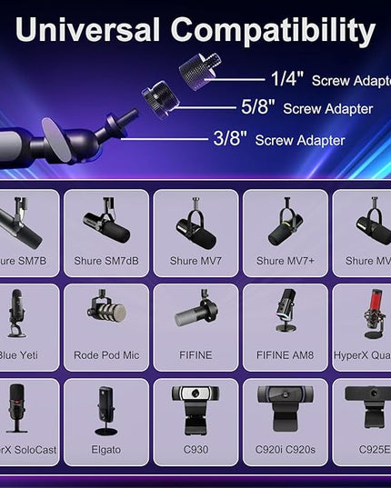 Microphone Boom Arm - Heavy Duty Low Profile Metal Mic Arm Stand with Desk Clamp & Cable Management, 360° Rotatable, Fits Shure SM7B/MV7, Blue Yeti, Fifine AM8, AT2020 for Podcasting & Gaming