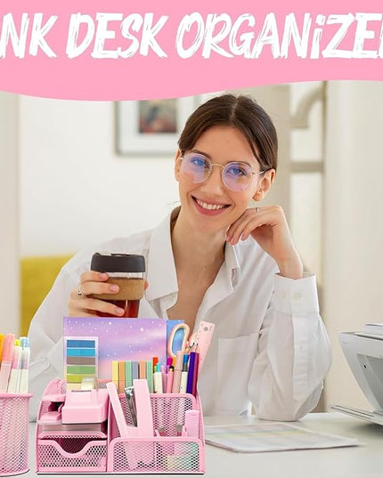 Pink Office Supplies, 17Pcs Pink Desk Accessories Set Include Stapler, Mesh Desk Organizer, Tape Dispenser, Staple Remover, Pen Holder, Clips, Pens, Ruler, for Office Home School Women Students Gift