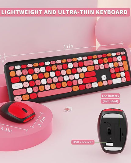Wireless Keyboard and Mouse Combo, Colorful Ergonomic Full Size Retro Low-Noise Keyboard with Cute keycaps, Compatible with Windows, PC, Perfer for Home and Office Keyboards (Black)