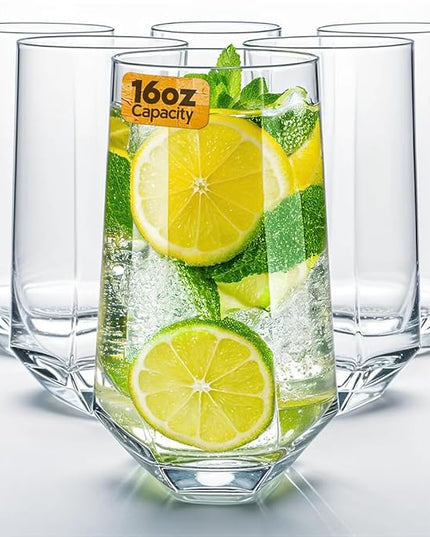 Crystal Beverage Glasses- Set of 6- Hexagon Design – 16oz Beer Tumbler & Highball Glass | Modern Tall Drinking Glass for Beer, Cocktails, Iced Tea, Cold Drinks & Everyday Use