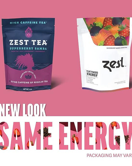Zest Energy Green Tea - Superberry Samba Loose Leaf - High Caffeine Strawberry & Passion Fruit - Caffeinated Coffee Altnernative with Antioxidants - Natural, Non-GMO & Keto - 50 Servings - 135mg Caf